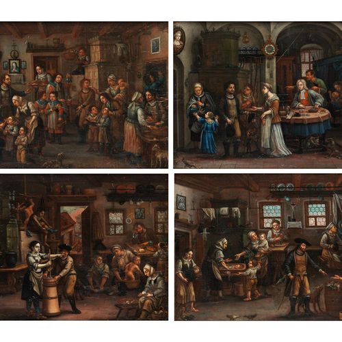 Maler des 18. Jahrhunderts GRUPPE VON VIER INTERIEURDARSTELLUNGENÖl auf Holz. Je&hellip;