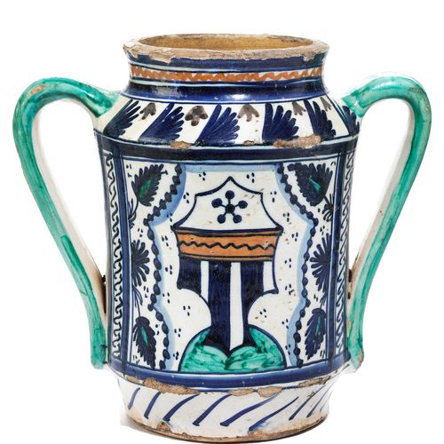 Majolika-Vase Höhe: 22 cm. Toskana, 15./ 16. Jahrhundert. Zylindrischer Korpus z&hellip;