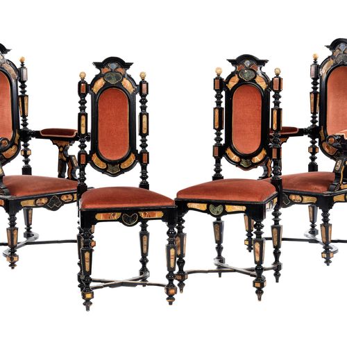 Zwei Stühle und zwei Armlehnstühle des Historismus 靠背高度：108厘米。
座椅高度：48厘米。
意大利北部，&hellip;