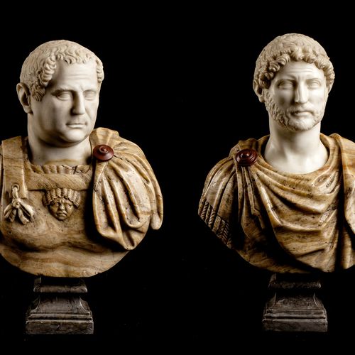 Paar Imperatorenbüsten Altezza: circa 35 cm. 
 Italia, XIX secolo. 

 I busti, u&hellip;