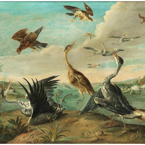 Jan van Kessel d. Ä., um 1626 Antwerpen – 1679 ebenda 鹭鸶与猎鹰的争斗 油画，装在木头上。
52 x 69&hellip;