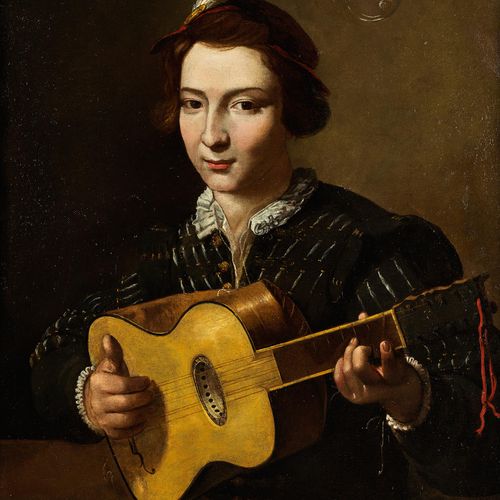 Pietro Paolini, 1603 Lucca – 1681 ebenda 年轻的吉他演奏家 布面油画。
73 x 60厘米。
在黑檀木框架内。

附上P&hellip;