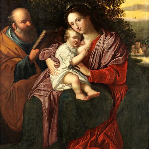 Flämischer Maler des 17. Jahrhunderts THE HOLY FAMILY Oil on wood. Parquetry. 
 &hellip;