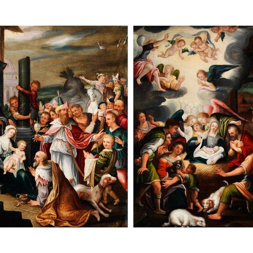 Deutscher Maler des 17. Jahrhunderts 一对铜板画--《基督诞生与天使崇拜》和
《圣三王崇拜》铜板上的油彩。
每个约33.5 &hellip;