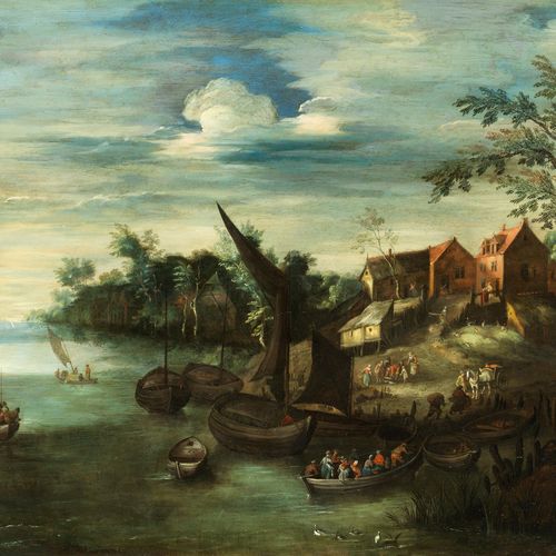 Pieter Gijsels, 1621 Antwerpen – 1690 ebenda PAESAGGIO DI FIUME CON Molo Olio su&hellip;