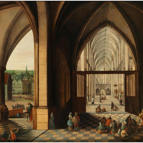 Hendrick van Steenwijk, 1580 – um 1649, zugeschrieben 哥特式教堂内部与城市的侧影 木板油画。
34.5 x&hellip;