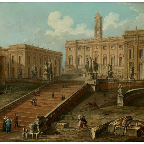 Antonio Joli, 1700 Modena – 1777 Neapel 罗马Campidoglio的景色，从楼梯的脚下看，布面油画。双倍的。
73.5 &hellip;