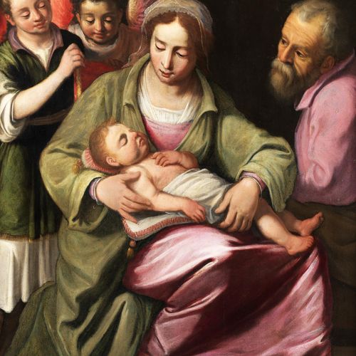 Toskanischer Maler des 16. Jahrhunderts DIE HEILIGE FAMILIE MIT ENGELN Öl auf Ho&hellip;