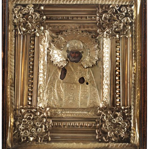 Russische Schaukastenikone des Heiligen Nikolaus Gesamtmaße: 34 x 30 x 9 cm. 
Ka&hellip;