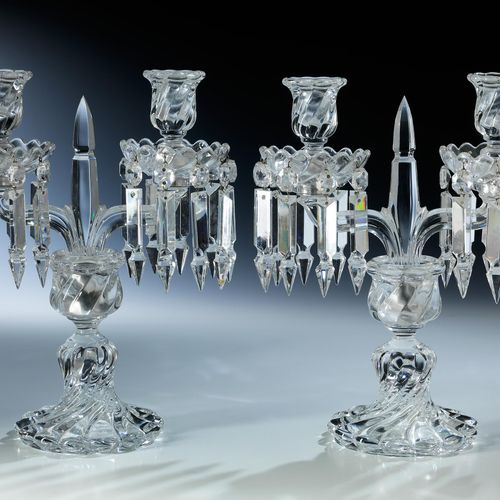 Paar Baccarat-Leuchter Height: 31.5 cm. 
 Each with etched stamp on the bottom. &hellip;