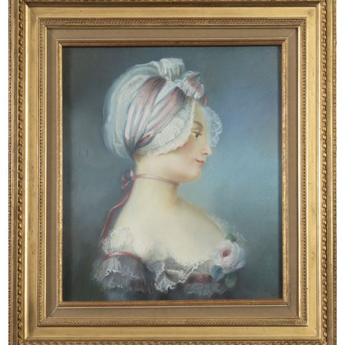 Dans le goût du XVIIIème siècle. Portrait de femme au bonnet et ruban rose. 
Pas&hellip;