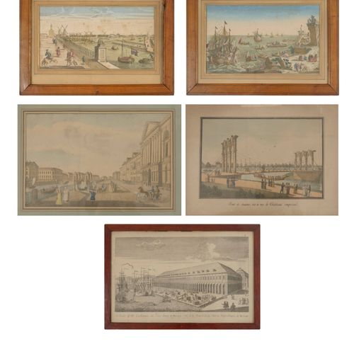 Lot de 5 gravures vues d'optique : Barques et bateaux en bord de mer. 
24 x 38.5&hellip;