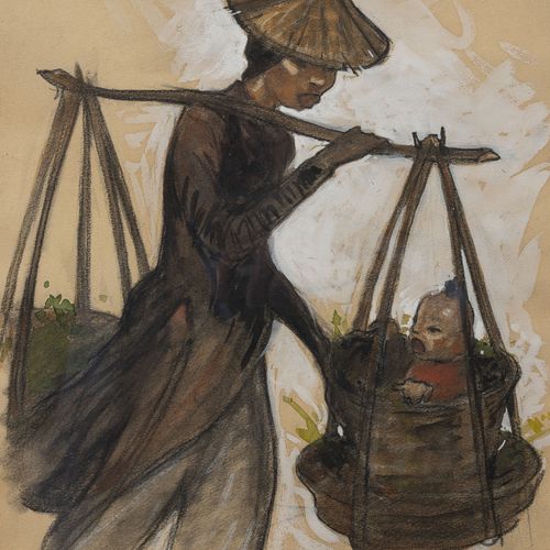 Louis ROLLET (1895 1988) Femme portant son enfant dans un panier. 
Fusain et gou&hellip;