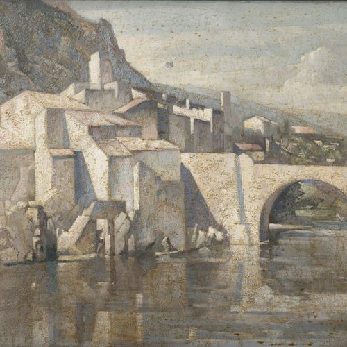 Ywan CERF (1883 1963) Paysage cubisant au pont. 
Huile sur panneau. 
Signée en b&hellip;