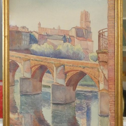 Null Louis MAILLÉ "Le pont vieux" Aquarelle lavis signée en bas à gauche. 48 x 3&hellip;