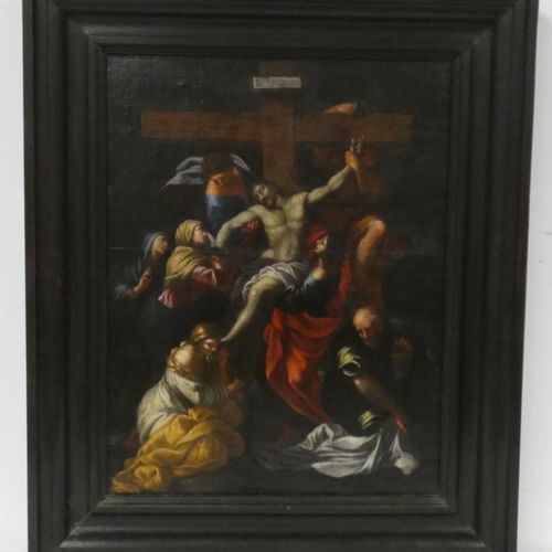 Null École italienne du XVII° siècle "La descente de croix" Huile sur toile maro&hellip;