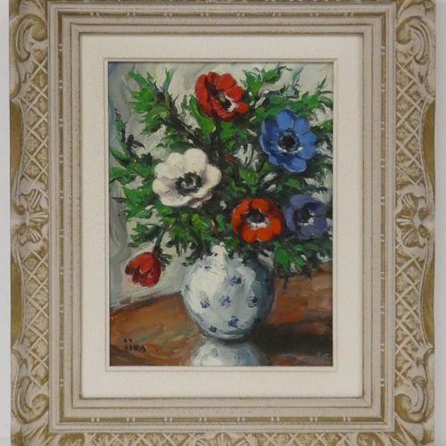 Null JIVA (1907-1974) "Bouquet d'anémones" Huile sur toile signée en bas à gauch&hellip;