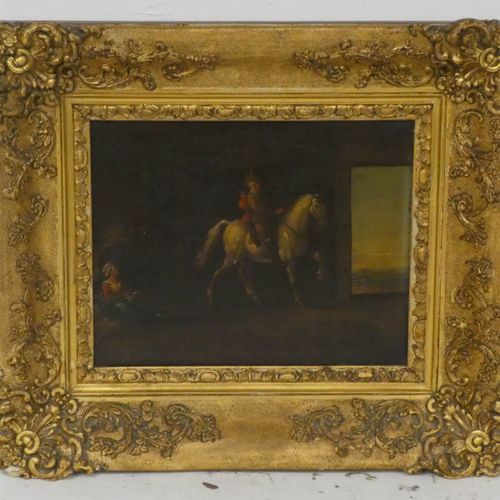 Null Ecole française du XIX° siècle "Cavalier et enfant" Huile sur panneau 20 x &hellip;