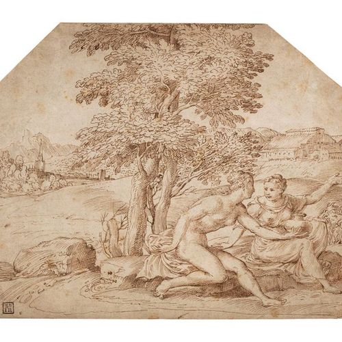Null Attribué à Domenico CAMPAGNOLA (Padoue 1500 – 1564) 
Paysage avec deux femm&hellip;