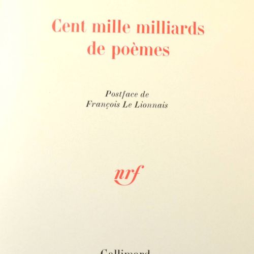 QUENEAU (Raymond). Hunderttausend Milliarden Gedichte. Paris, nrf, 1961. In-4 Pa&hellip;