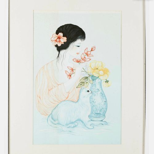 Mara TRAN-LONG (1935) 带着猫和花束的年轻女人
石版画，有编号和签名
39 x 58,5厘米 
严重凹陷，纸张有些发黄