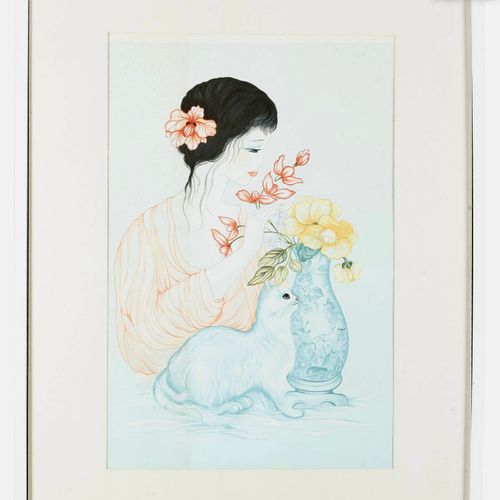 Mara TRAN-LONG (1935) Young woman with cat and bouquet
Lithograph numbered and s&hellip;