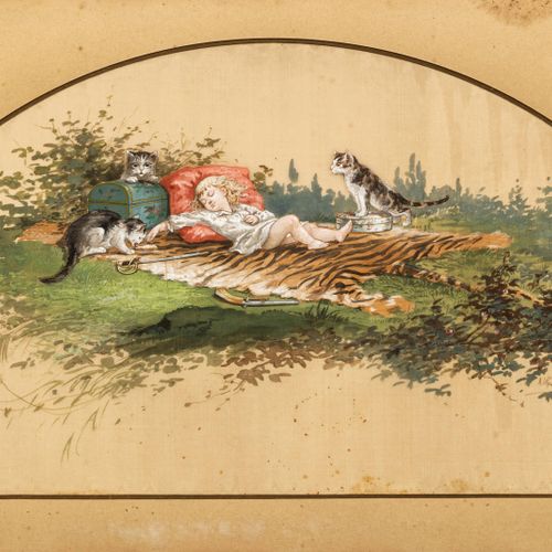 D'après Adolphe THOMASSE 年轻女孩在虎皮上与一只猫睡觉。

扇子项目
丝绸上的水彩画
已签名
32 x 69 cm at sight