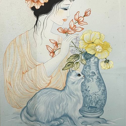Mara TRAN-LONG (1935) 带着猫和花束的年轻女人
石版画，有编号和签名
39 x 58,5厘米 
严重凹陷，纸张有些发黄