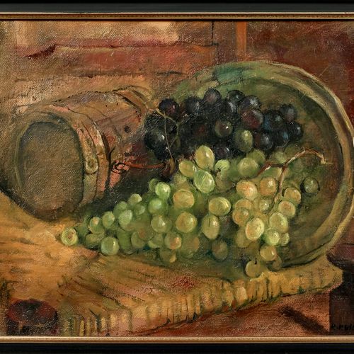 Ecole du XXème siècle Nature viticole aux raisins et tonneau 
Huile sur toile
Si&hellip;