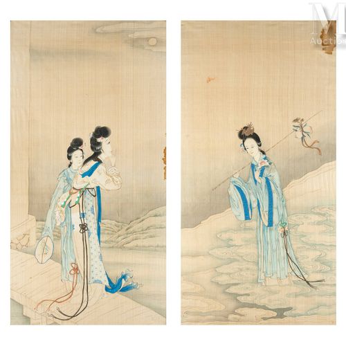 CHINE, XIXe siècle 一套两幅画

绢本水墨画，一幅描绘了阳台上的优雅女性，另一幅描绘了一位神仙。
在玻璃下装框。

尺寸（见图）：80 x 4&hellip;