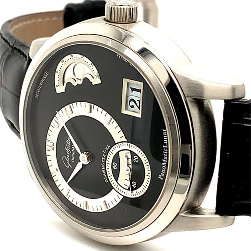 Glashütte A rare and heavy platinum wristwatch with panorama date and moon phase&hellip;