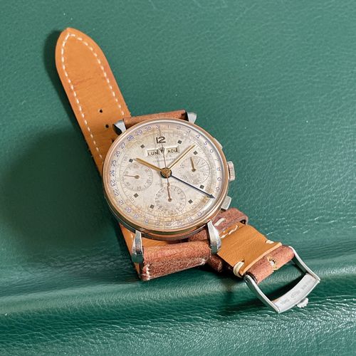 Rolex 重要的、极其罕见的复古计时腕表，带有法国日历指示和测速刻度

Ref.4768，Cal.VALJOUX 72C，机芯编号62489X，尺寸35毫米，&hellip;
