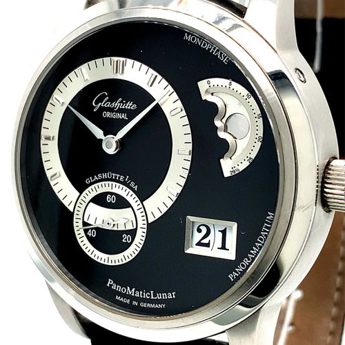 Glashütte A rare and heavy platinum wristwatch with panorama date and moon phase&hellip;