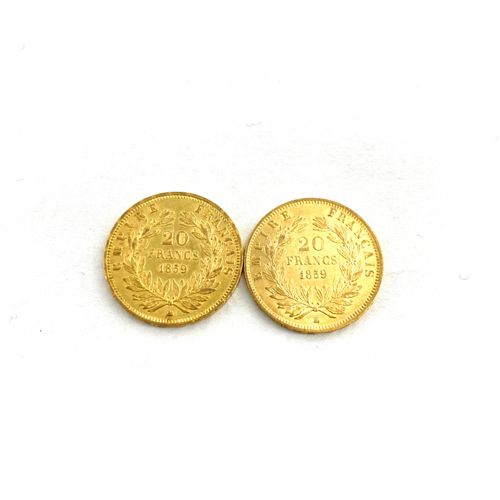 Deux pièces en or de 20 francs Napoléon III tête nue. 
1859 BB (x2) 
 
BB : atel&hellip;