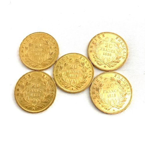 Cinq pièces en or de 20 francs Napoléon III tête nue. 
1858 A (x5) 
 
A : atelie&hellip;