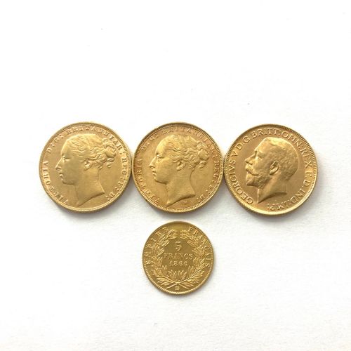 Lot de trois souverains (1876 ; 1883 & 1911) en or et une pièce de 5 francs 1866&hellip;