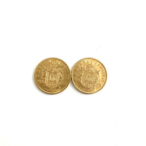 Deux pièces en or de 20 francs Napoléon III tête laurée. 
1862 A (x2) 
 
A : ate&hellip;