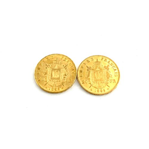 Deux pièces en or de 20 francs Napoléon III tête laurée. 
1865 BB (x2) 
 
BB : a&hellip;