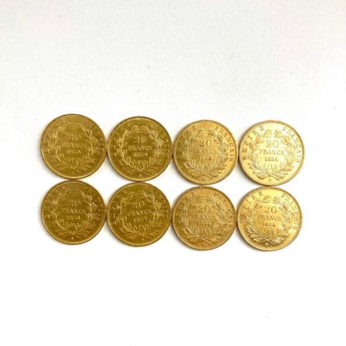 Huit pièces en or de 20 francs Napoléon III tête nue. 
1854 A (x8) 
 
A : atelie&hellip;
