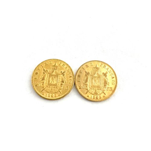 Deux pièces en or de 20 francs Napoléon III tête laurée. 
1863 BB (x2) 
 
BB : a&hellip;