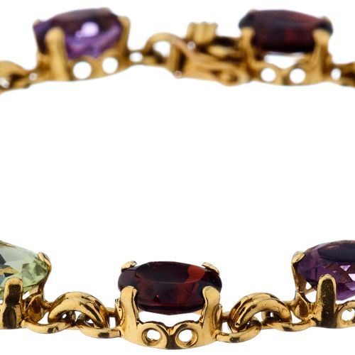 Null 3个彩色宝石手链。黄金750。3条手链，镶有各种颜色的宝石。每条长19厘米。共计47.4克。
