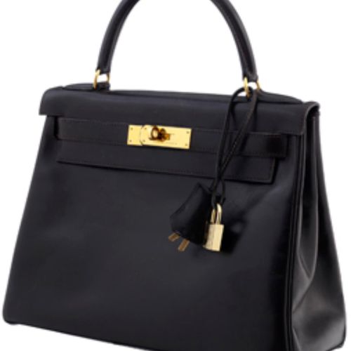 Null Bolso Hermès "Kelly Bag 28". Piel de becerro marrón oscuro. Aplicaciones me&hellip;