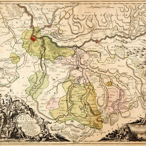 Null 巴塞尔 彩色铜雕地图。1750年左右。"Pagi Basileensis qui pars est reipublicae Helvetiorum"。&hellip;