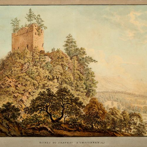 Null Unspunnen Um 1840. "Ruines du Château d'Unspunnen". Aquarell auf Papier. Le&hellip;