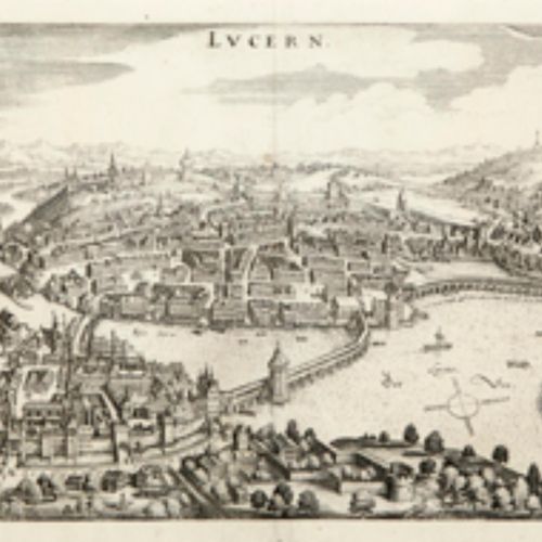 Null 卢塞恩铜版画地图。约1650年。"卢塞恩"。老马泰-梅里安（1593年巴塞尔-1650年施瓦尔巴赫）。中心折页高度：23.5厘米 宽度：36.5厘米