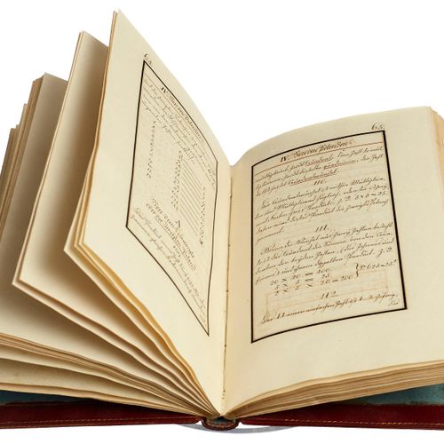 Null 为高贵的索菲-冯-弗里辛-冯-吕姆利根小姐编写的《弗里辛算术练习》手稿。伯尔尼1808年。1页，109页。红色摩洛哥大师级装订，书脊、封面、立面和内侧&hellip;