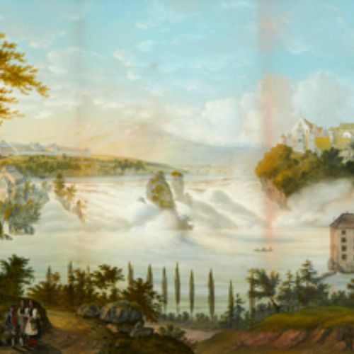 Null 莱茵河瀑布 19世纪 纸上多色水粉画。左下角有签名。"C. Usteri "代表卡斯帕-阿尔伯特-乌斯泰里（1830年苏黎世-1914年尼翁）。床单部&hellip;