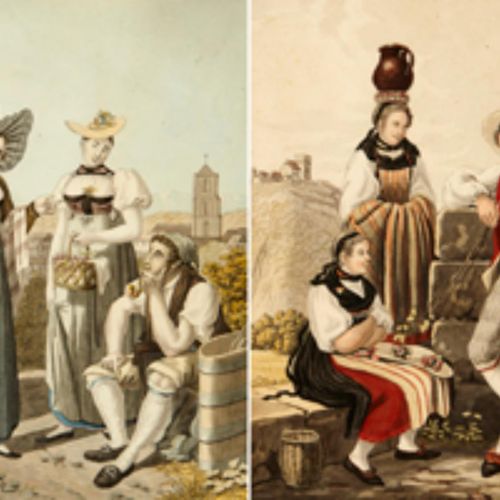 Null Swiss traditional costumes Six colored outline etchings Height: 20.5cm each&hellip;
