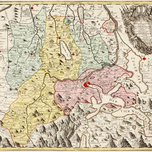 Null 康斯坦茨湖、卢塞恩、雷蒂亚 三幅彩色铜雕地图。18世纪 "Lacus Bodamicus vel Acronius cum regionibus ci&hellip;
