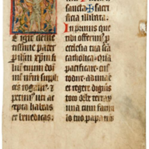 Null 时间之书》羊皮纸上的拉丁文手稿。描绘耶稣的卡图，用金色加高。字体面积20厘米×15厘米。黑褐色和红色墨水的圆形大厅。右上角被撕掉 高度：32厘米 宽度&hellip;